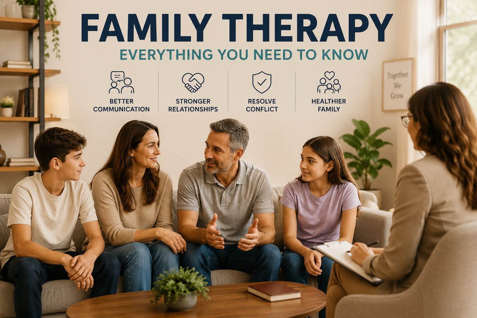 A family participating in a therapy session with a professional counselor in a comfortable office setting, discussing concerns together to improve communication and strengthen relationships.