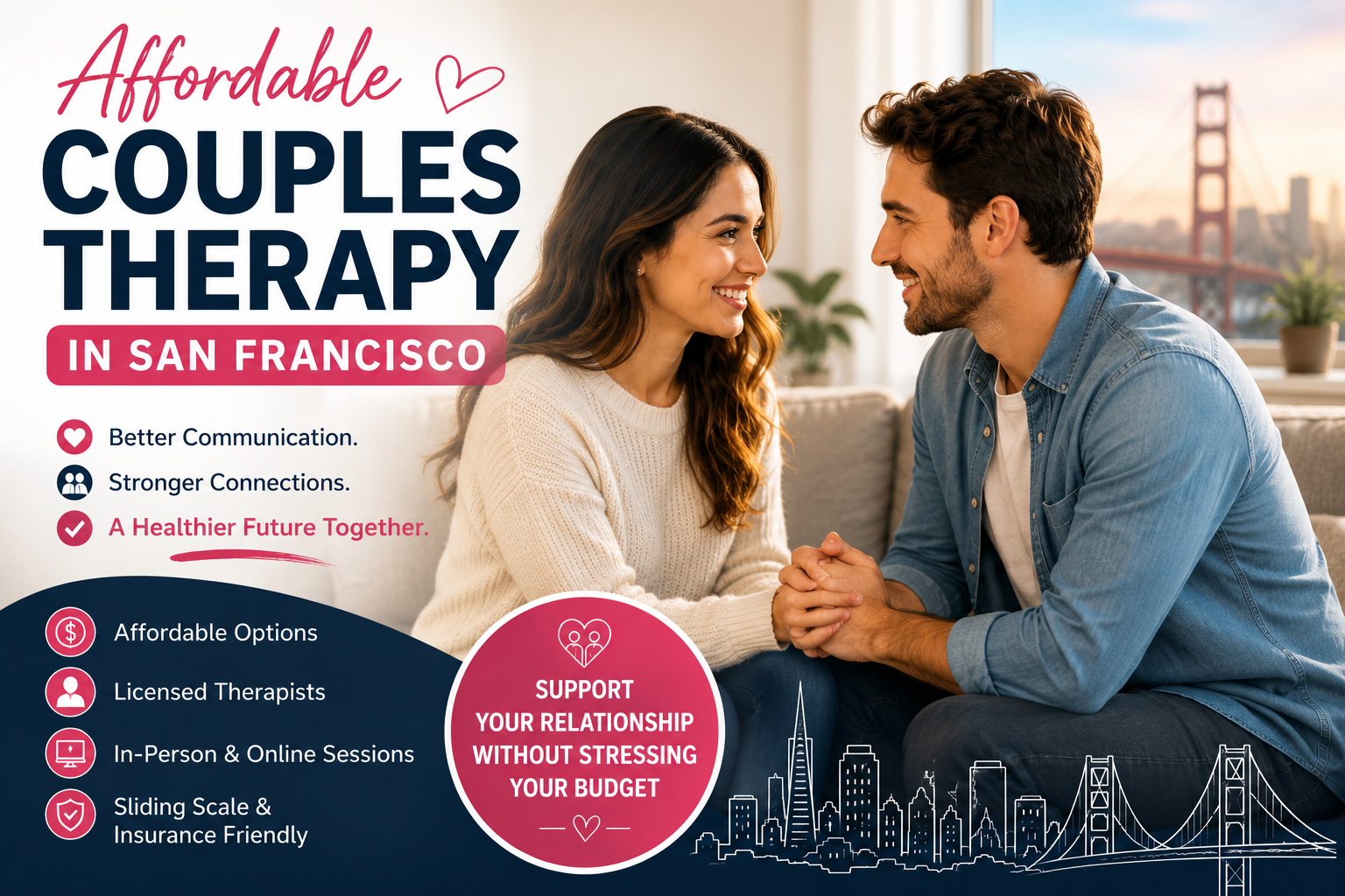 Affordable couples therapy San Francisco featuring a smiling couple meeting with a licensed therapist to improve communication, strengthen their relationship, and access flexible in-person or online counseling.