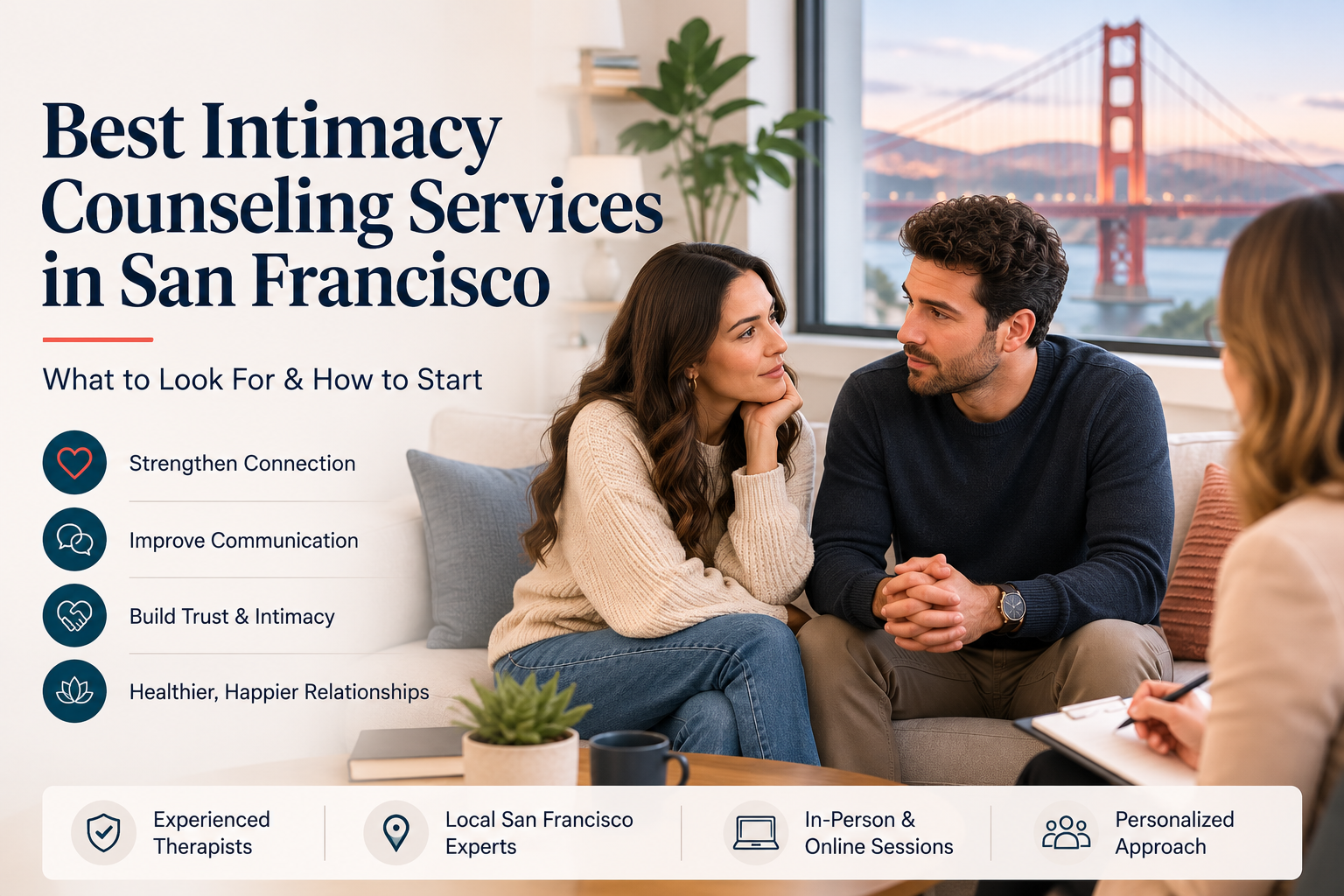 Couple attending intimacy counseling session with a therapist in a modern San Francisco office, representing professional relationship and intimacy counseling services.