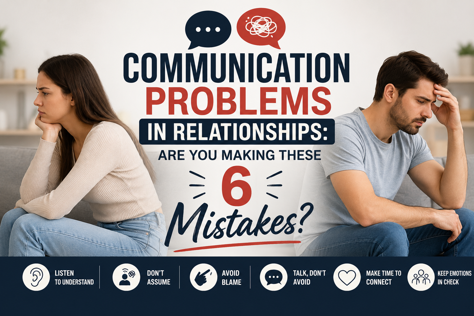 A frustrated couple sitting apart on a couch, illustrating communication problems in relationships, with the headline 'Communication Problems in Relationships: Are You Making These 6 Mistakes?' and icons representing healthy communication habits such as listening, avoiding blame, and emotional connection.