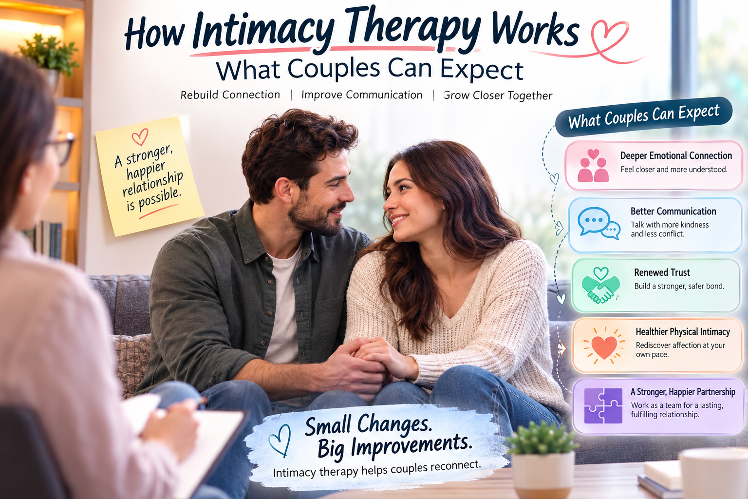 Couple holding hands during an intimacy therapy session with a professional therapist, symbolizing emotional connection, trust, and relationship healing.