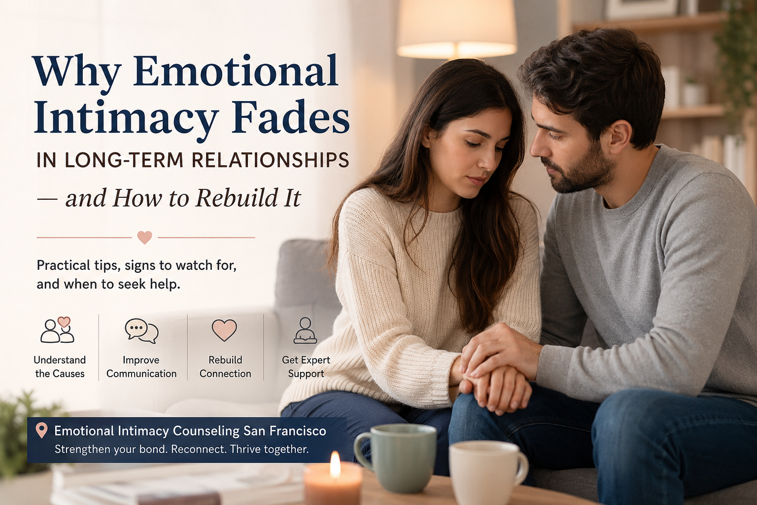 Couple rebuilding emotional connection during a counseling session, representing emotional intimacy counseling in San Francisco and ways to reconnect in long-term relationships.
