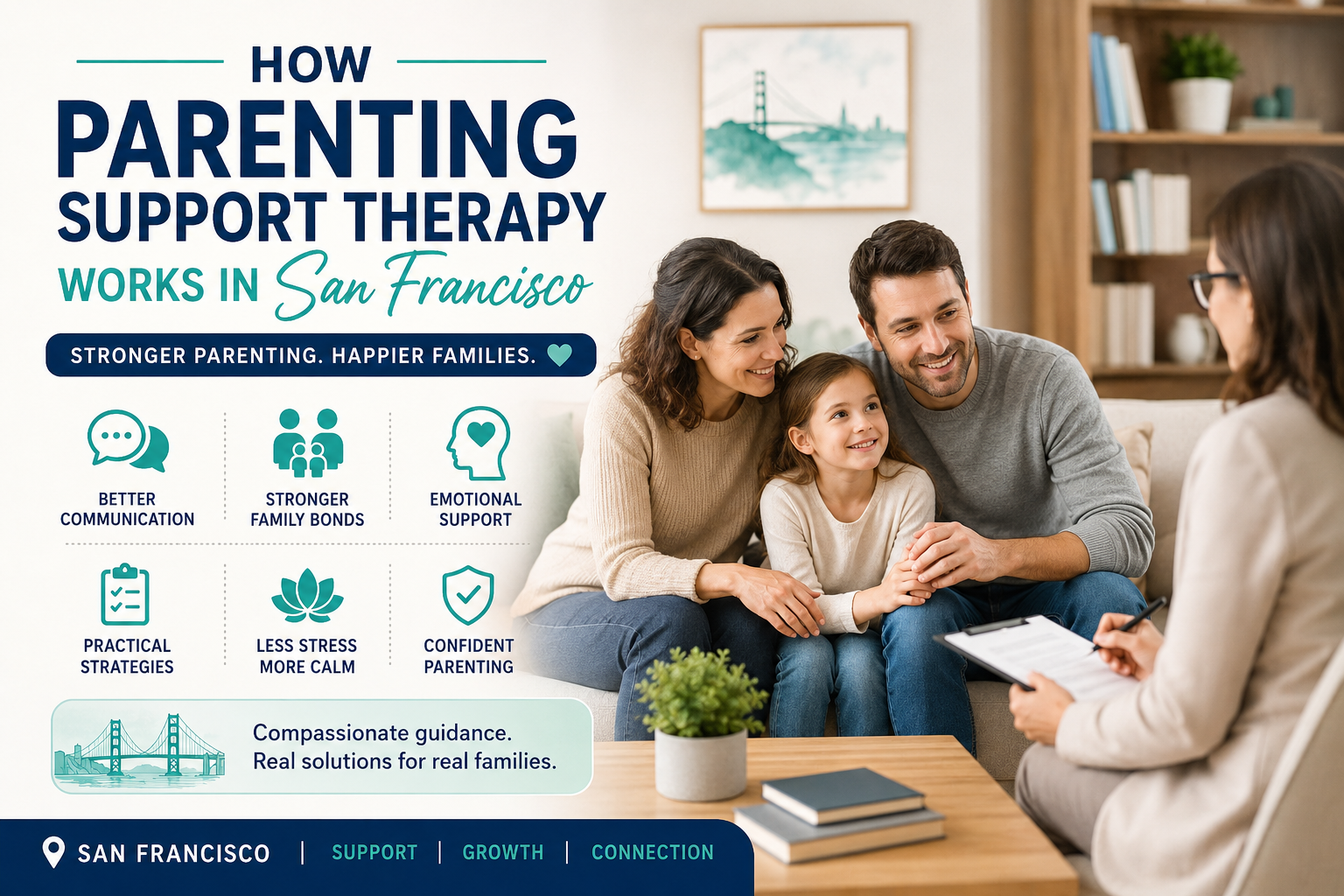 Family attending a parenting support therapy session with a licensed therapist in San Francisco, highlighting communication, emotional support, and stronger family relationships.