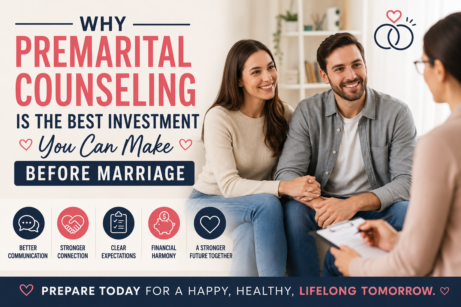 Happy engaged couple meeting with a premarital counselor, illustrating how premarital counseling helps build stronger communication, trust, and a healthy foundation before marriage.