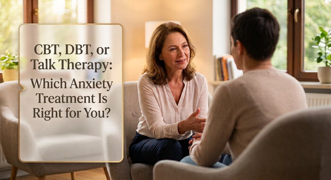 A therapist in a warm office sitting across from a client during a session, with text reading "CBT, DBT, or Talk Therapy: Which Anxiety Treatment Is Right for You?