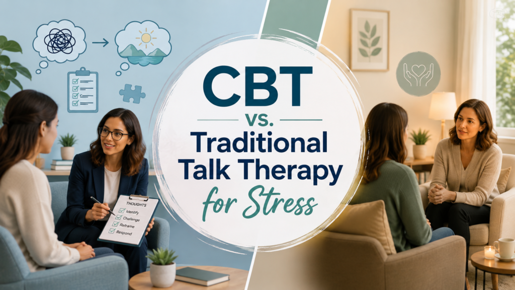 Comparison of CBT and traditional talk therapy for stress, showing therapists speaking with clients alongside CBT thought-reframing illustrations.