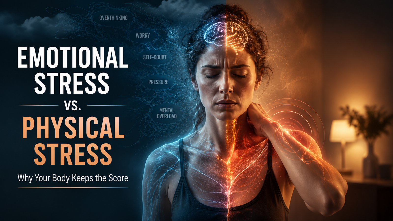 Woman experiencing emotional and physical stress, illustrated with brain activity, muscle tension, and contrasting blue and orange effects.