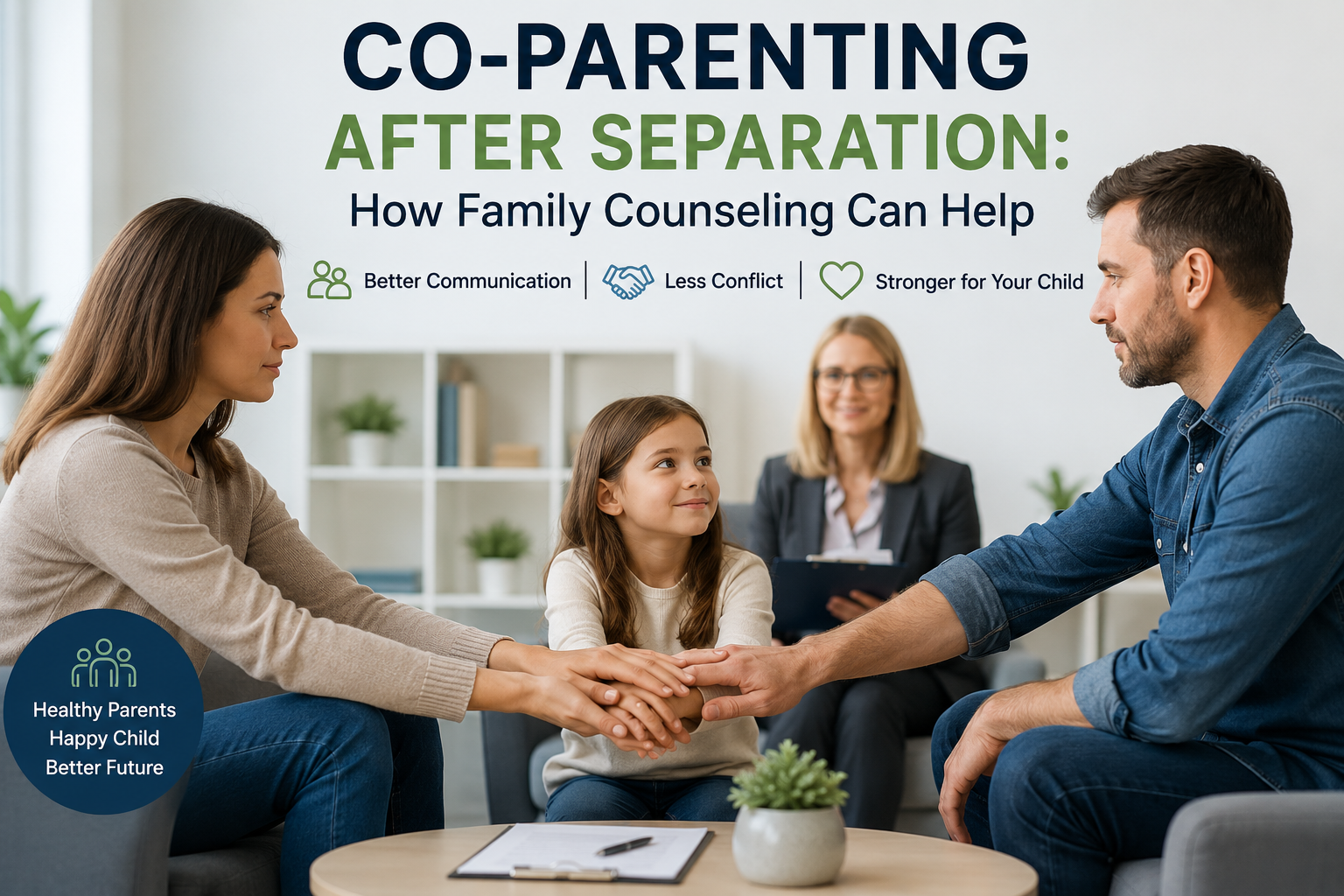 Co-parenting after separation with parents and child in family counseling session.