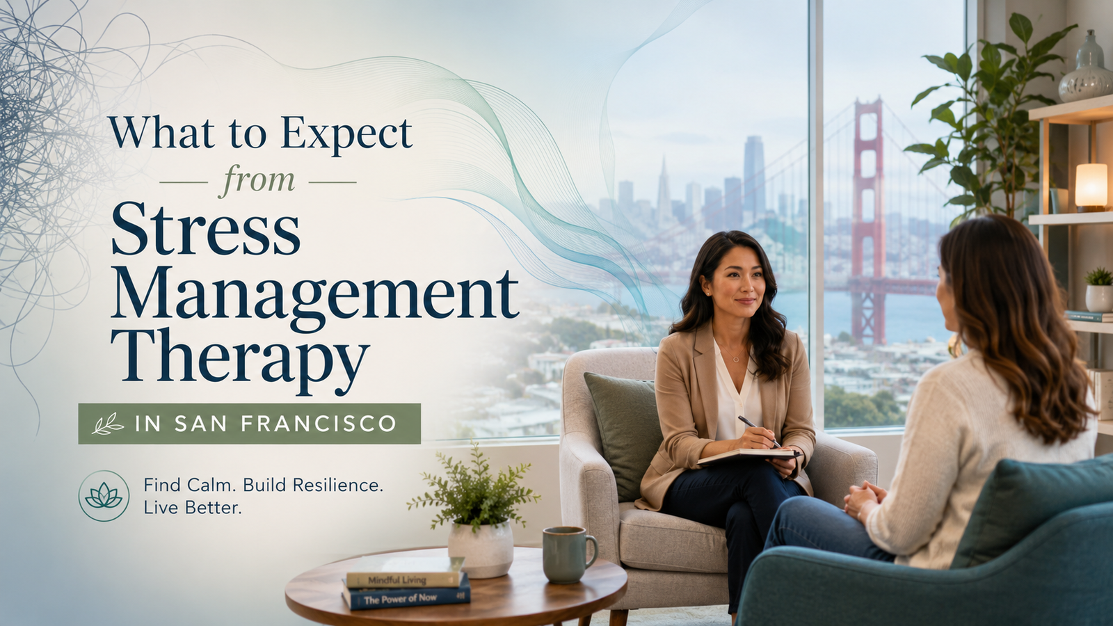 Therapist counseling a client in a calm office overlooking the Golden Gate Bridge.