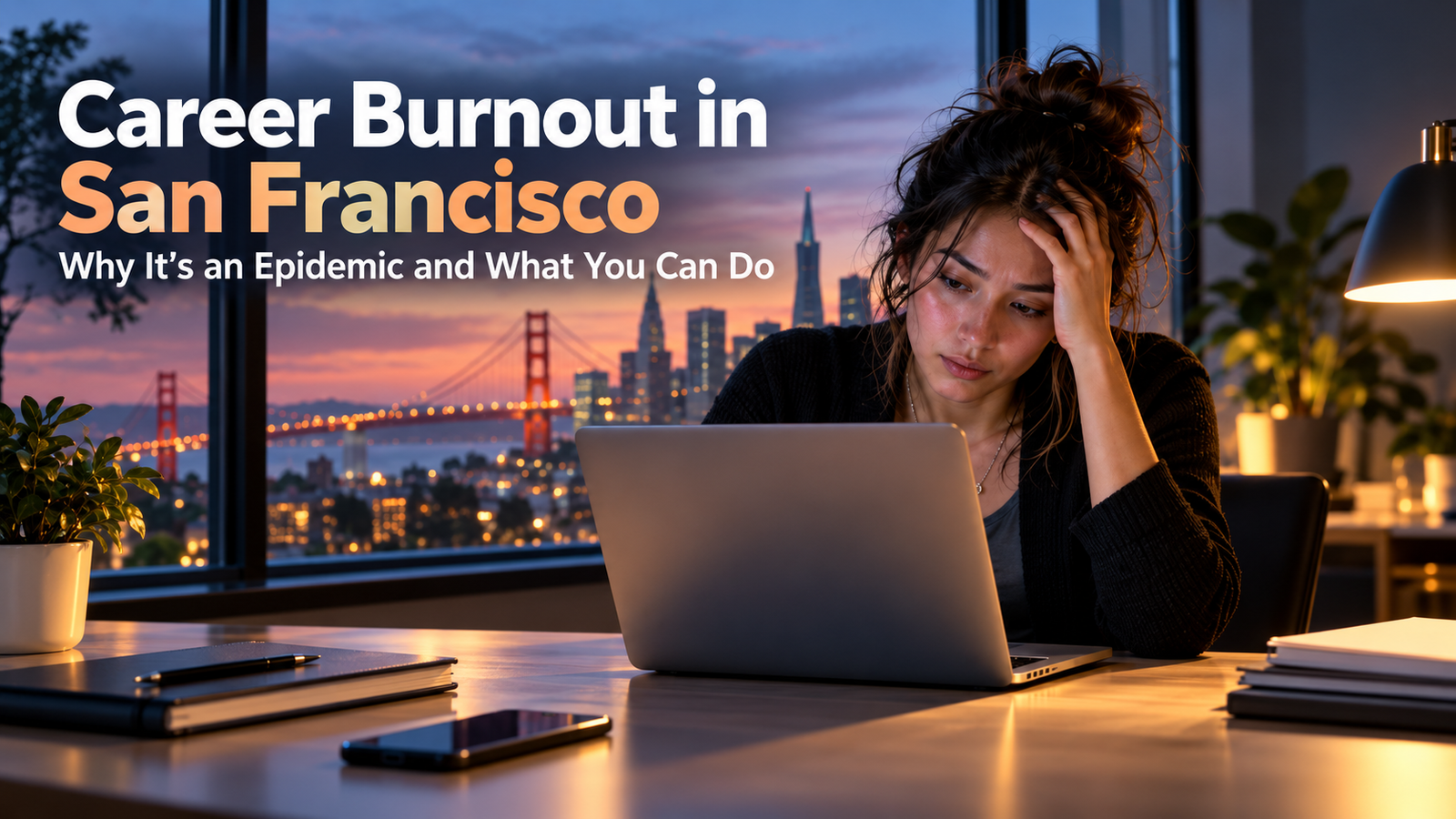 Stressed professional experiencing career burnout while working on a laptop with the San Francisco skyline in the background.