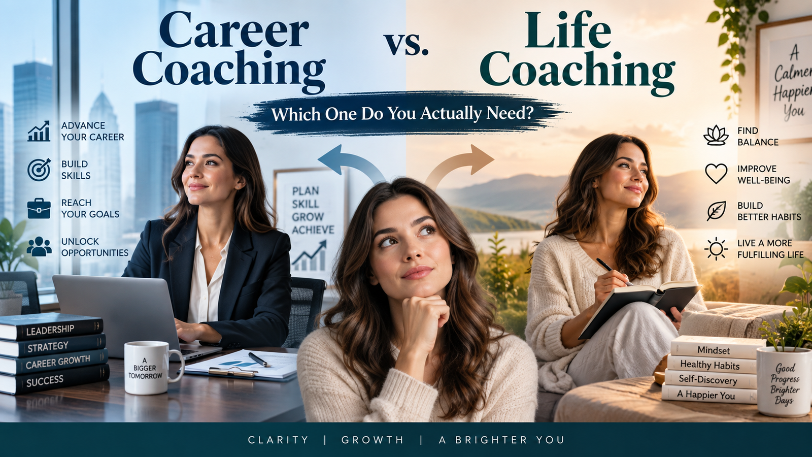 Career Coaching vs. Life Coaching featured image showing a woman deciding between professional career growth in an office setting and personal life balance in a calm lifestyle setting, with the headline “Career Coaching vs. Life Coaching: Which One Do You Actually Need?”