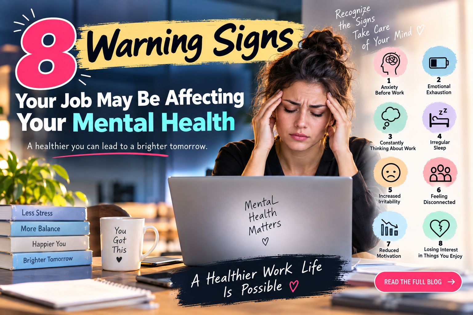 Stressed professional at a laptop illustrating 8 warning signs that your job may be affecting your mental health.