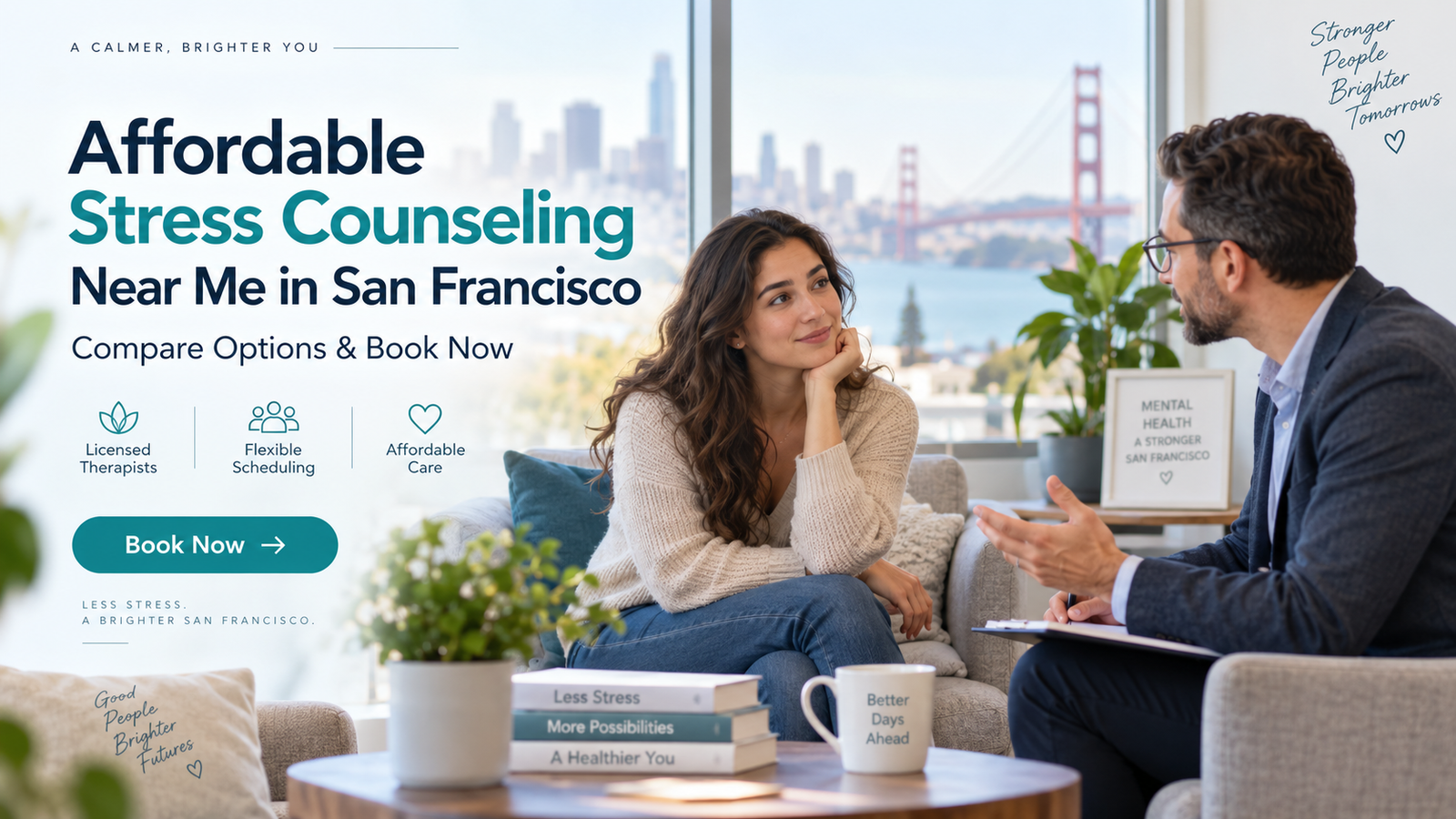 Affordable stress counseling in San Francisco with a professional therapist helping a client manage stress and improve emotional well-being.