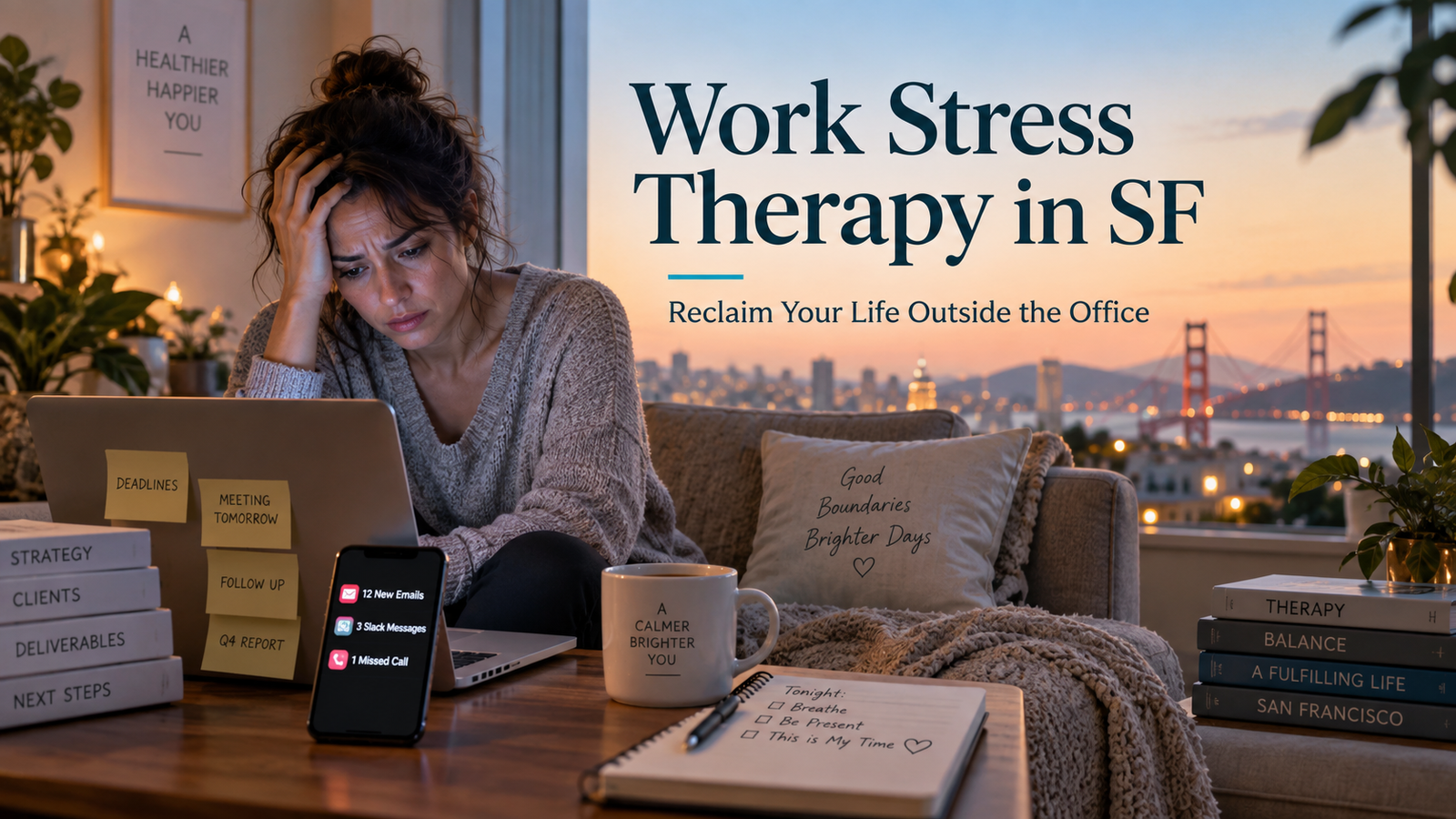 Woman experiencing work stress while working on a laptop at home, with a San Francisco skyline in the background and text promoting work stress therapy in SF.