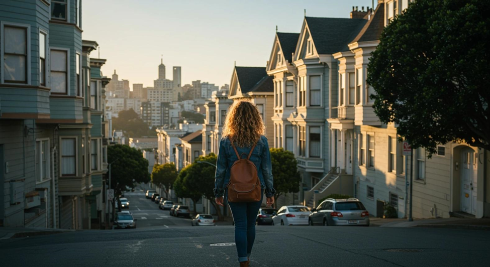 Woman with backpack walking down a San Francisco street past Victorian houses at sunset.