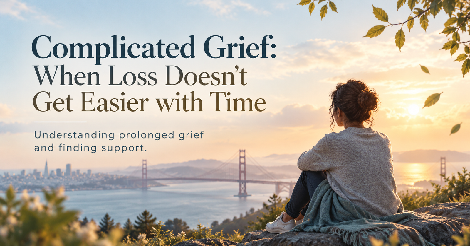 Woman sitting alone overlooking the Golden Gate Bridge at sunset, reflecting on complicated grief, prolonged loss, and finding hope through grief support in San Francisco.