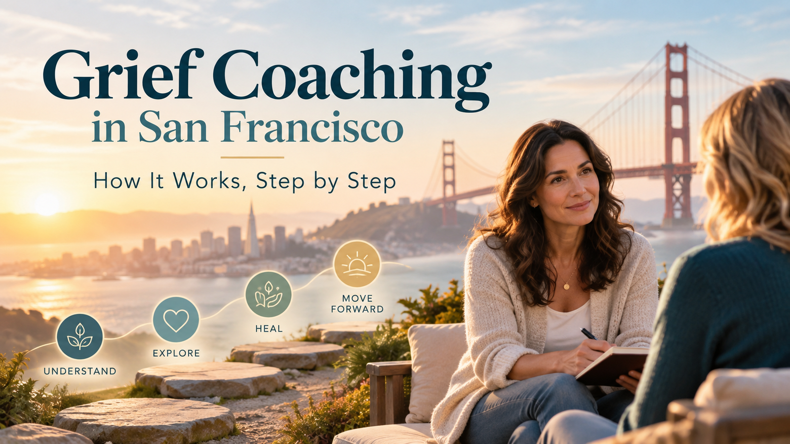 Grief coaching in San Francisco step by step, featuring a grief coach supporting a client with the Golden Gate Bridge in the background