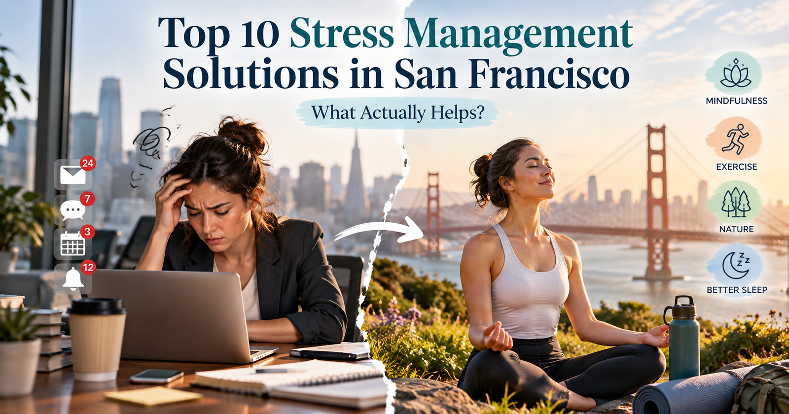 Stress management in San Francisco: a stressed woman at a laptop contrasts with a woman meditating peacefully near the Golden Gate Bridge.